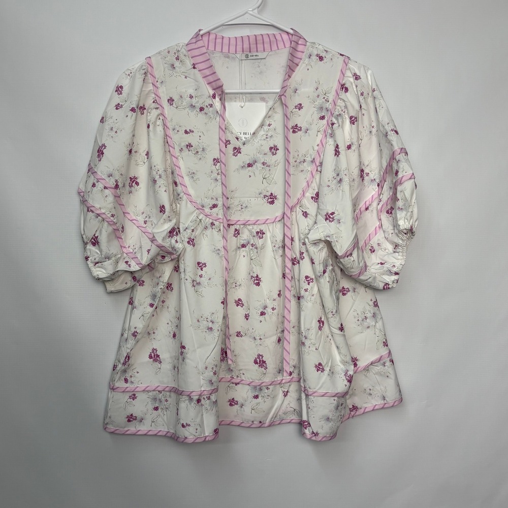NWT Cicy Bell Womens L Floral Puff Sleeve Babydoll Tunic Blouse Boutique Peasant